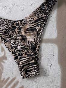 Swim Vcay Damen Sommer zufälliges Leoparden- & Muster-Muster Patchwork Bandeau Bikini-Set mit Spaghettiträgern für den Strand