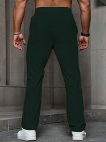Manfinity Homme Men's Solid Color Drawstring Waist Pockets Straight Casual Loose Pants Men Pants Classic - Dark Green - View 2