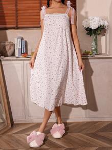 浪漫碎花印花系带细肩带女式睡袍