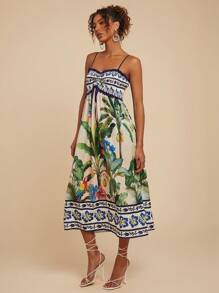 Travachic Women's Tropical Print Tie Front Frill Trim Sleeveless Vacation Dress,Sun Dress - Multicolor - View 5