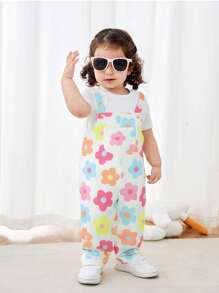 SHEIN Pelele con tirantes con estampado floral azul versátil y lindo para recién nacido niña