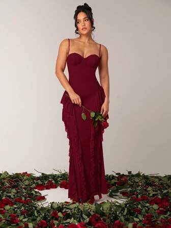 Silquee Spring Summer Vacation Red Solid Color Sexy Elegant Spaghetti Strap Ruffled Fishtail Backless Metal Button 3D Flower Ribbon Sexy Dress, Suitable For Cocktail Parties, Romantic Dates, Knit Mesh Dress, Gatherings, Formal Events, Bridesmaid Dresses, Night Outings, Halloween Dress, Christmas Dress, Extra Long Dress Burgundy