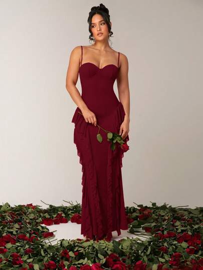 Silquee 春夏度假红色纯色性感优雅细肩带荷叶边鱼尾露背金属纽扣3D花丝带性感连衣裙，适合鸡尾酒会，浪漫约会，针织网眼连衣裙，聚会，正式活动，伴娘礼服，夜间外出，万圣节礼服，圣诞节礼服，超长礼服