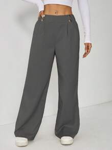 SHEIN PETITE Pantalones rectos elegantes de oficina con doble botón para mujer