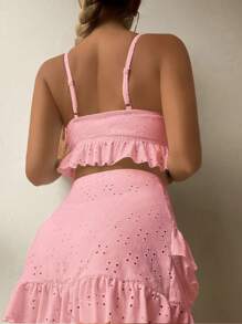 SHEIN Swim Summer Vacation Beach Solid Color Hollow Embroidery Camisole Bikini Set With Cover-Up Skirt - Pink - View 2