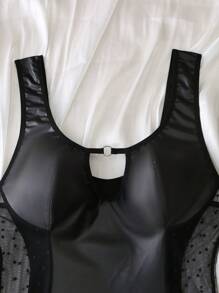 ثوب نوم نسائي جذاب مع فتحات، رقعة شبكية نقطية، جلد PU، مُنحف، حلقة معدنية، جذاب - الأسود - مشاهدة 4