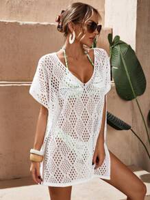 Swim Vcay 纯色镂空针织透明罩衫，适合海滩/度假