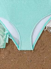 Tween 女童褶皱三件套比基尼套装，带蝴蝶结裙，时尚休闲优雅，适合游泳、度假、夏季 - 綠色 - 查看 5