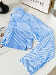 SHEIN Unity Casual Striped Patchwork 3D Pocket Button-Down Long Sleeve Shirt Fall Cloth For Women - Baby Blue - View 3