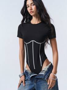 LYSMO Athletic Style Reflective Striped Short Sleeve Bodysuit - Black - View 1