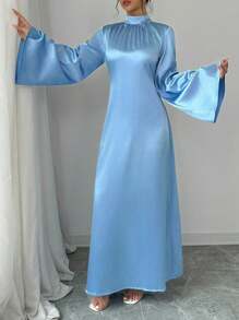 Elenzga Baby Blue Stretchy Faux Silk Satin Funnel Neck Long Flare Sleeve Wide Hem Dress Maxi Women Outfit - Blue - View 4