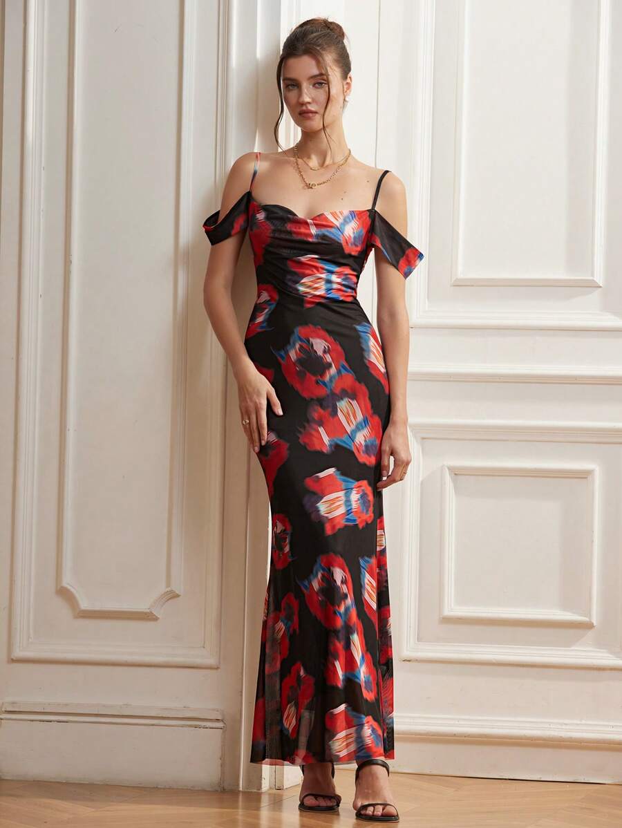 GENKIRA French Fashion Elegant Sexy Low-Cut Cold Shoulder Sling Dress With Wrap Collar, Waist Fitted And Hemline Flared, Tie Dye Print, Suitable For Beach Vacation All Over Print  For Summer - Multicolor - View 1