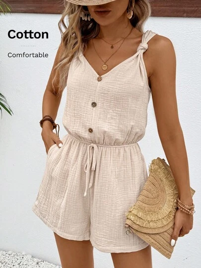 SHEIN Frenchy 女士纹理纽扣装饰松紧腰带夏季简约休闲连体裤短裤女式连体裤卡其短裤女式亚麻连体裤舒适连体裤