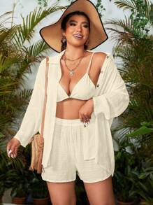 Swim Vcay Plus Size Solid Color Long Sleeve Overshirt, Minimalist Fashion Suitable For Summer - Apricot - View 4