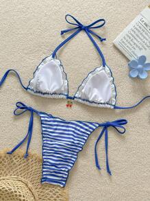 Swim Mod Springbreak Women Summer Cherries Print Triangle Halter Cherries Decor & Blue Striped Bikini Bottom Cute & Sexy Swimwear Set - Blue and White - View 2