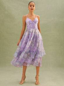 L'Amorae Vestido largo de organza con volantes y estampado floral - Multicolor - Ver 4