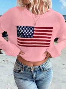SHEIN LUNE Women's Casual American Flag Graphic Crew Neck Long Sleeve Sweater Knit Pullover Fall Winter - Pink - View 7
