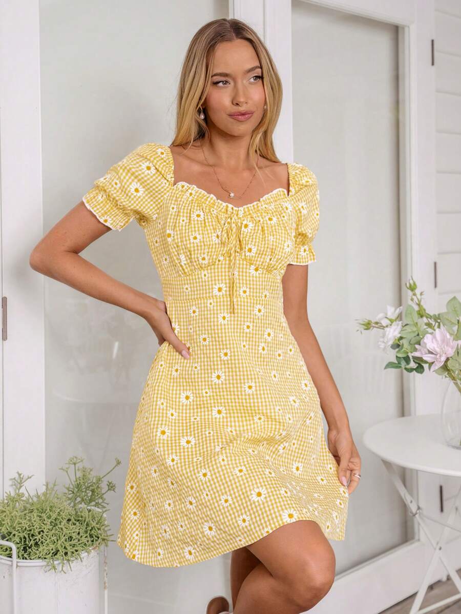 SHEIN VCAY Women's Frill Tie-Up Puff Sleeve A-Line Ditsy Floral Romantic Vacation Dress - Yellow - View 1