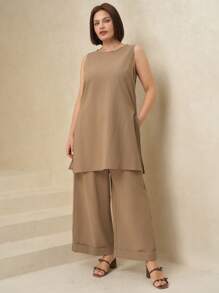SHEIN Clasi Plus Size Solid Round Neck Sleeveless Split Hem Longline Tank Top And Wide Leg Pants 2pcs Set