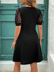 SHEIN Clasi Plus Size Solid Color Polka Dot V-Neck Sheer Puff Sleeve High Waist Dress,Vacation Outfits Woman,Summer Outfits For Women,Business Casual Woman,Going Out Tops Women ,Office Wear Women,Spring Outfits For Women,Festival ,Old Money, Elegant Woman Clothing,Modesty Clothes Women ,Suitable For Everyday Elegant Wear