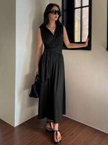 DAZY Váy không tay cổ chữ V buộc eo cho nữ, váy dài mùa hè thanh lịch, váy suông công sở cho nữ, váy trang trọng cho nữ - màu đen - Xem 5