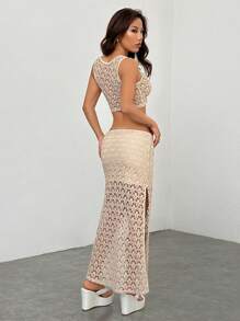 SHEIN PETITE Women's Holiday Knitted Imitation Crochet Vest Slit Skirt Suit, Music Festival, Music Festival Wear, Bohemian - Khaki - View 2