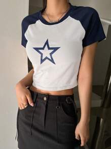 DAZY Star Print Raglan Sleeve Crop Tee Y2k - Blue and White - View 2