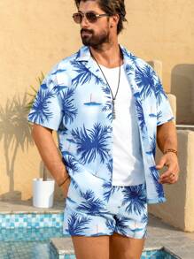 Manfinity Swimmode 男士度假棕榈树印花衬衫和短裤海滩装