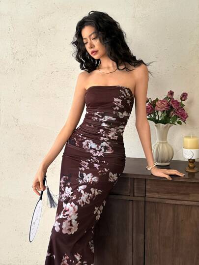 EastFlair Vestido midi con estampado floral, fruncido y sin tirantes