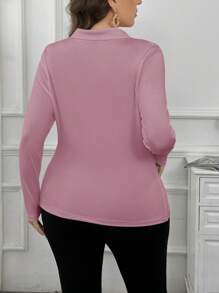 SHEIN Privé Plus Size Fitted Collared Pleated Long Sleeve T-Shirt - Mauve Purple - View 2
