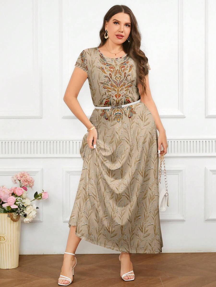 Al Najma Casual Minimalist Vintage Pattern Loose Fit Round Neck Plus Size Dress, Suitable For Summer - Multicolor - View 1