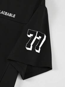 Manfinity Campus Court 男士休闲字母与数字印花短袖 T 恤，夏季，男士球衣，男士足球球衣 - 黑色 - 查看 3