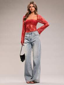 SHEIN BAE 女士勃艮第蕾丝透明简约派对上衣，适合约会之夜、女生聚会、生日派对、情人节、鸡尾酒会、夜总会、节庆活动 - 紅色 - 查看 6