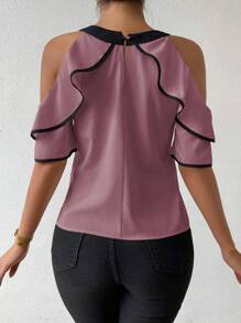 Chiquease Women's Elegant Commuting Color Contrast Tie Neck Off Shoulder Ruffle Blouse - Purple - View 2