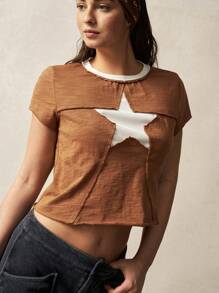 VARSITIE Damen Lässig Sport Kurzarm Kontrast Farbe Stern T-Shirt Top - Khaki - Übersicht 7