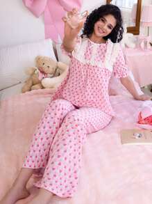 SweetSlumber Conjunto de pijama a rayas con volantes y lazo para mujer