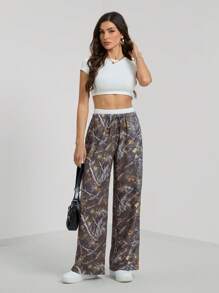 SHEIN Tall Women's Branch Print Drawstring Waist Wide-Leg Casual Pants, Tall Women - Multicolor - View 3