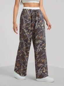 SHEIN Tall Women's Branch Print Drawstring Waist Wide-Leg Casual Pants, Tall Women - Multicolor - View 4