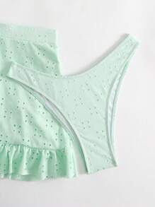 SHEIN Swim 2 件套女士夏季海滩纯色激光切割刺绣扭纹前比基尼泳装带迷你裙 - 薄荷綠 - 查看 4