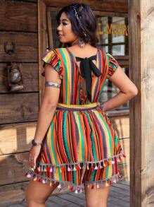 SHEIN LUNE Plus Size Women's Western Vacation Style Music Festival Retro Print Patchwork Tassel Hem Jumpsuit - Multicolor - View 2