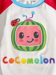 CoComelon X SHEIN Áo thun tay ngắn cổ tròn in họa tiết dưa hấu dễ thương cho bé trai mùa hè màu sắc hoạt hình tương phản - trắng - Xem 5