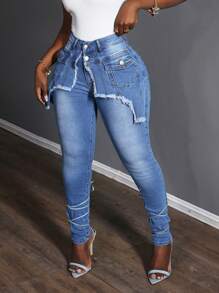 Slaydiva Street Style Patchwork 2 In 1 Skinny Jeggings For Women - Blue - View 5