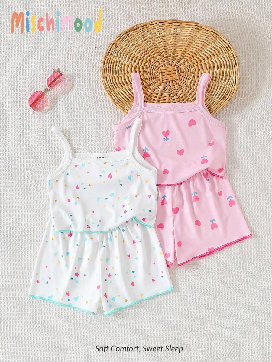 2pcs Young Girl Floral, Star & Heart Print Contrast Trim Camisole With Shorts Pajama Set, Fashionable & Simple Flared Pants Sets Summer Girl Clothes Clothes Summer Holiday Travel Releax Summer Clothes - Multicolor - View 1