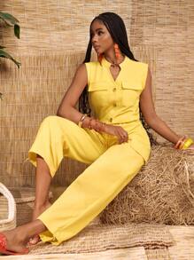 Zivah 2025 年新夏季系列 音乐节、复活节、圣帕特里克节、波西米亚风、西部风、婚礼、生日派对、毕业典礼、学生、休闲、度假、巡游、海滩、日光浴、时尚、街头风格 女士无袖、中式领、前开襟、纽扣、抽绳腰部、交叉口袋、踝长、可调节连体裤、黄色 - 黃色 - 查看 6