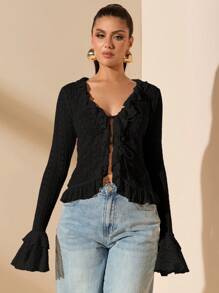 SHEIN BAE 杏色蕾丝上衣，系带细节，荷叶边下摆，甜美性感，适合春季、夏季、情人节、派对、约会、伴娘、通勤、生日 - 黑色 - 查看 3