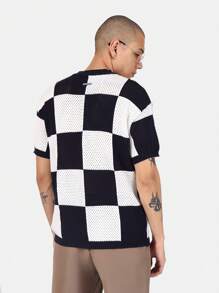 SUMWON Kariert gehäkeltes Kurzarm T-Shirt, Retro Urban Streetwear Sommer Lässig Mesh Muster Klassisches Quadratisches Design Mode - Blau-Weiß - Übersicht 2