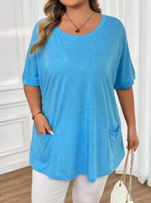 SHEIN CURVE+ Áo thun cổ tròn in hoa nhiều màu tay cánh dơi có túi cỡ lớn - Xanh đậm - Xem 6