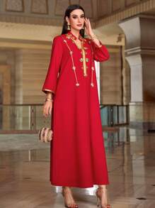 Al Najma Handcrafted Acetate Linen Red Arabian Dress Robe Kaftan Jalabiya Dress - Red - View 4