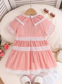 Baby Mädchen süß & liebenswert rosa Spitzen-Saum Eleganz Kleid, Sommer - Pink - Übersicht 3