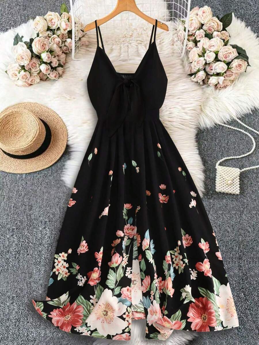 EMERY ROSE 大码无袖简约休闲花卉印花连衣裙，适合夏季 - 黑色 - 查看 1